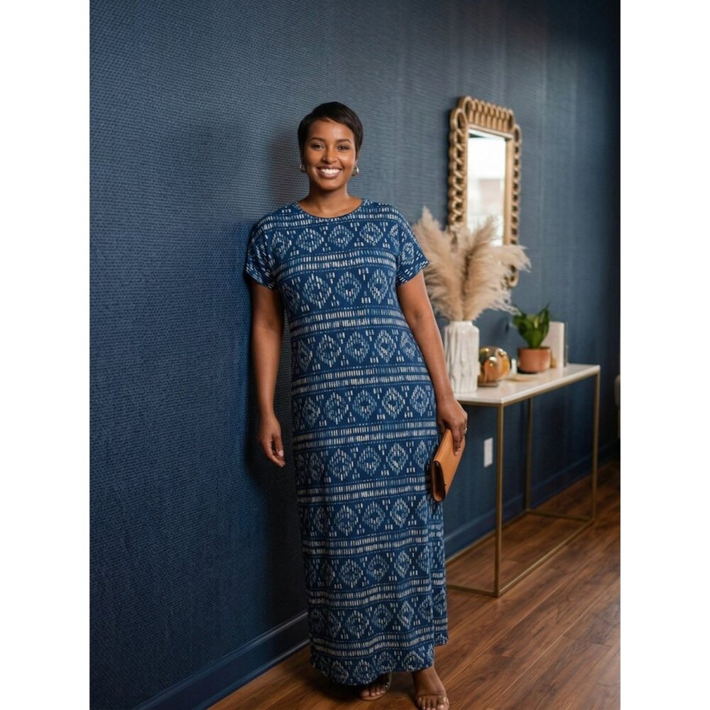 NWT LuLaRoe Maria Blue Geometric Maxi Dress Large Stretch